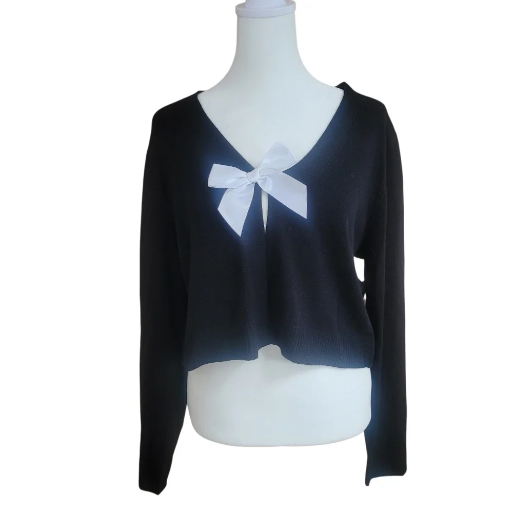 Chic Black V-Neck Cardigan with White Bow Size L
